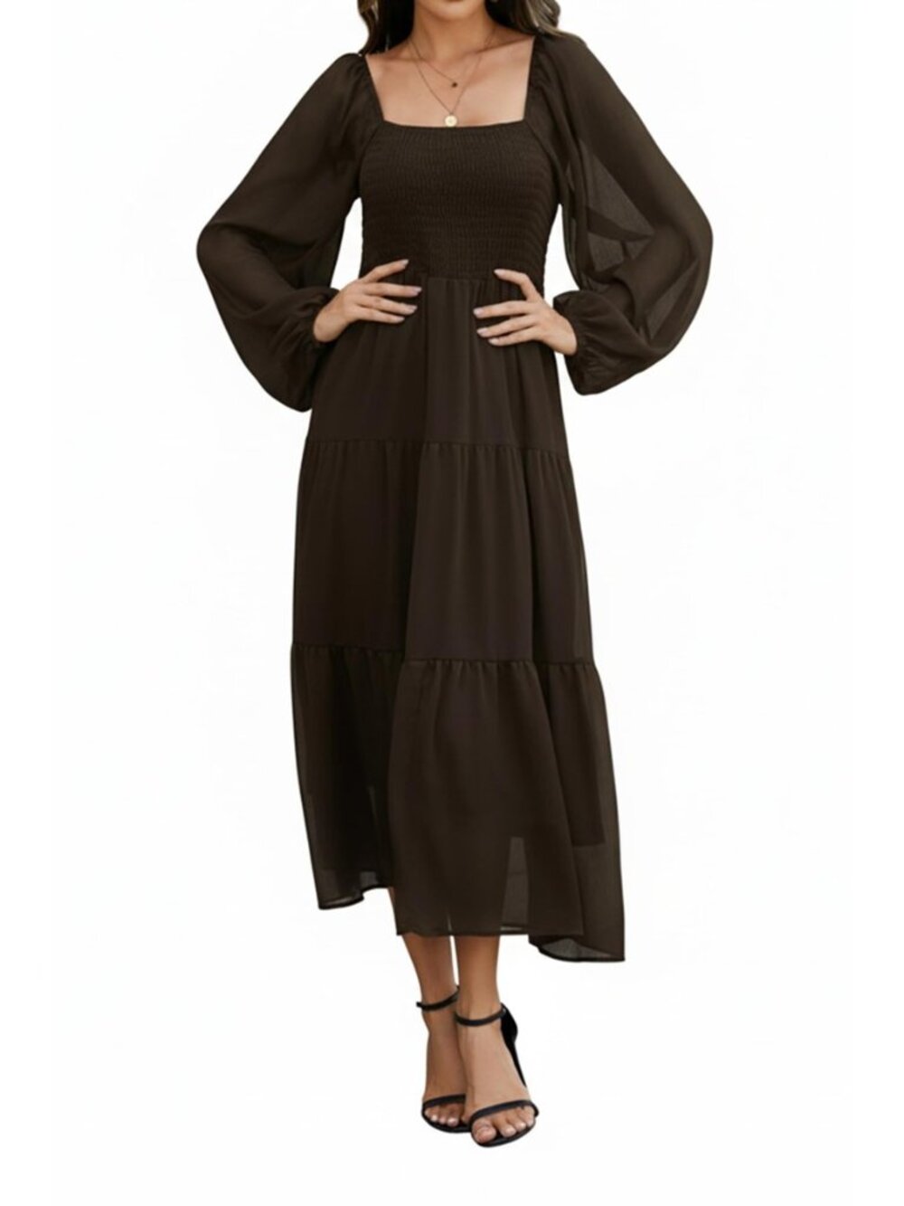 Boho Maxi Dress Long Sheer Sleeve Smocked Square Neck Tiered Dress